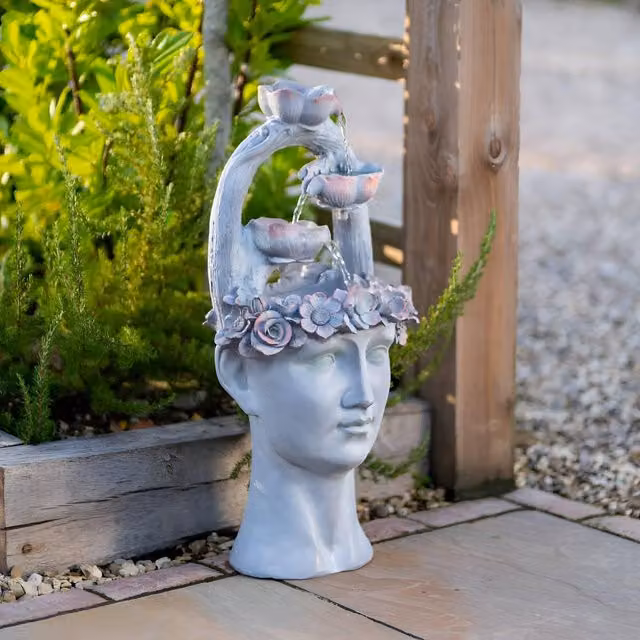 Primrose Goddess Freyja Cascade Water Feature with Tiered Waterfall and LED, Light Grey, Height: 80 cm