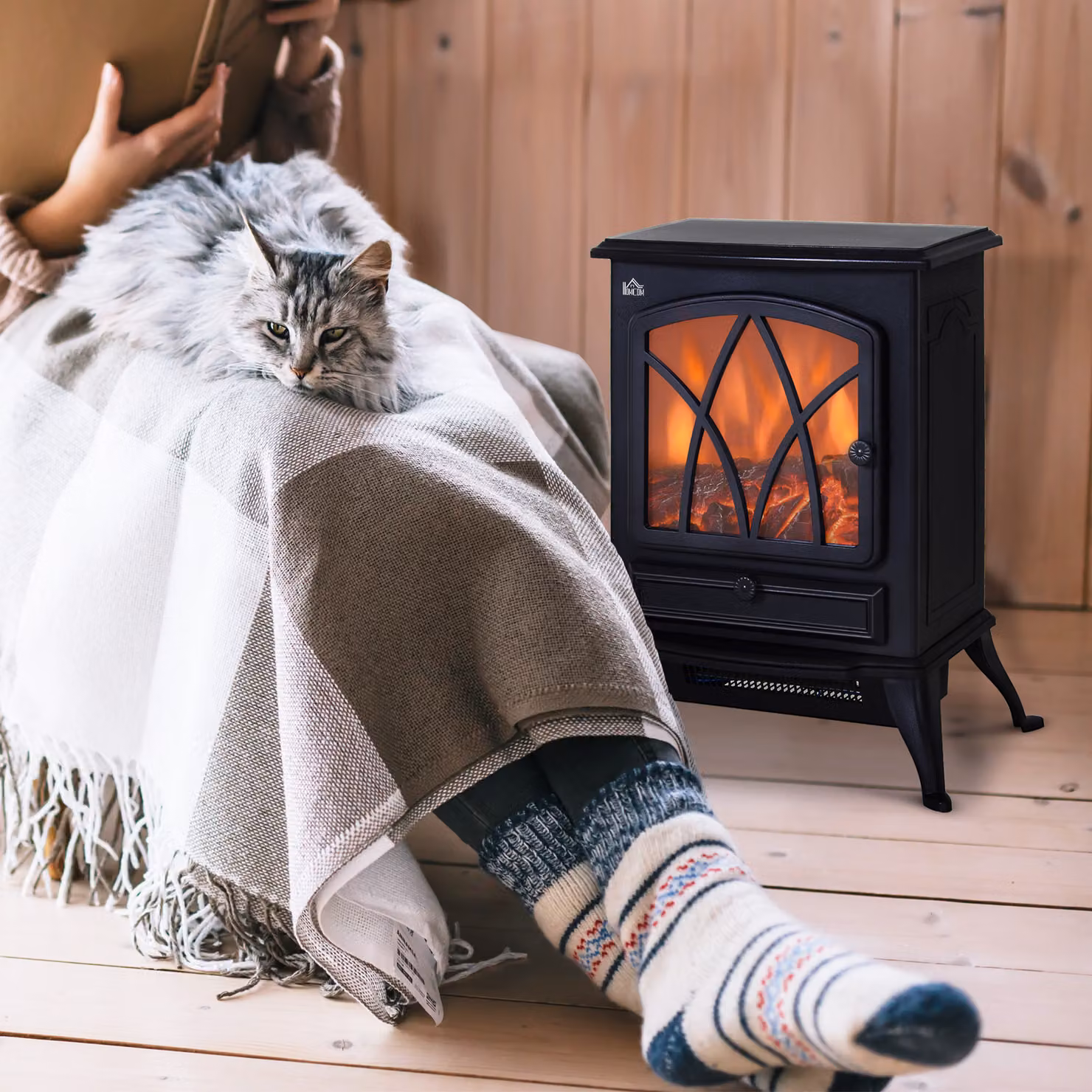 HOMCOM Free Standing Electric Fireplace Stove with Fan and Log Burning Flame Effect, 2000W, Black – 2