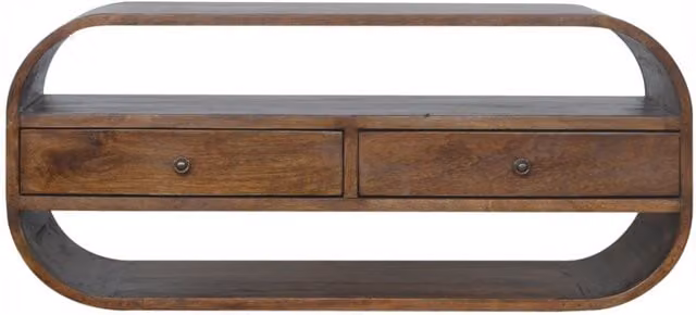 KDMK Mid-Century Mango Wood Chestnut Curved Edge Media Unit with 2 Drawers in Orange and Brown