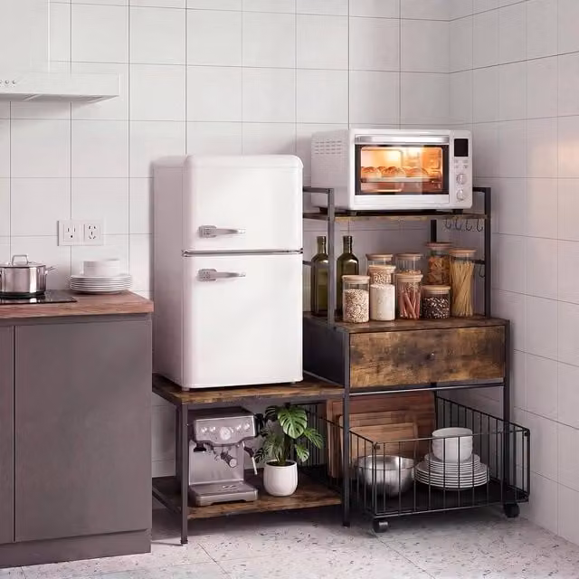London Boutique Brown Industrial Rolling Kitchen Island Microwave and Coffee Bar Cabinet with Castors