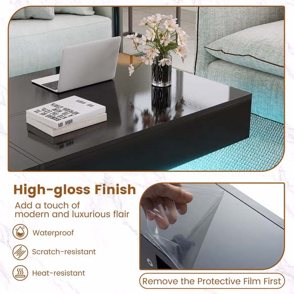 Costway Modern LED Coffee Table with 3 Storage Drawers in Black High-Gloss Finish – 4