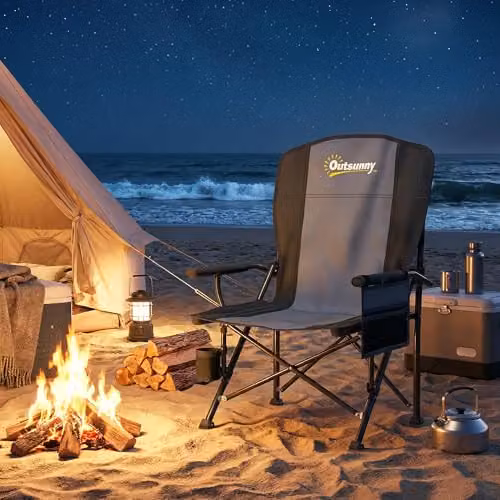 Outsunny Padded Folding Camping Chair for Adults in Black with Armrests and Cup Holders – 3