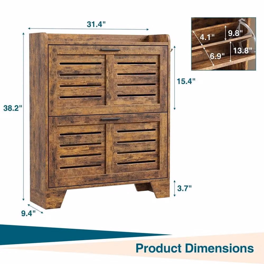 KORVIXA Brown Rustic Tilt-out Shoe Cabinet with Internal Shelves W/D/H: 100 x 100 x 23.88 cm – 2