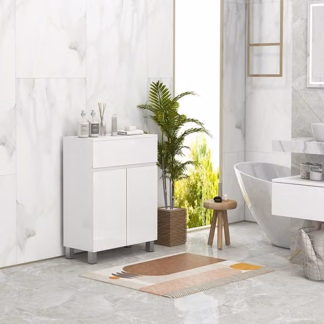 Kleankin Modern High Gloss White Freestanding Bathroom Floor Cabinet with Drawer and Internal Shelves