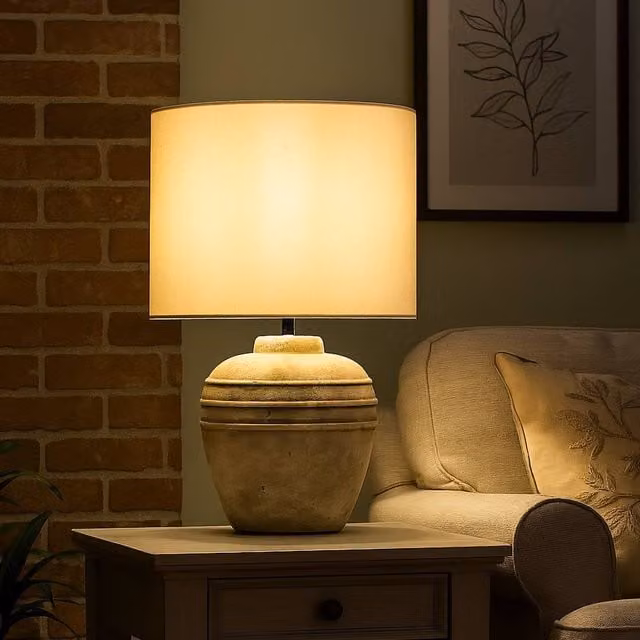 Lighting Collection Stone Effect Ceramic Table Lamp with Grey Shade