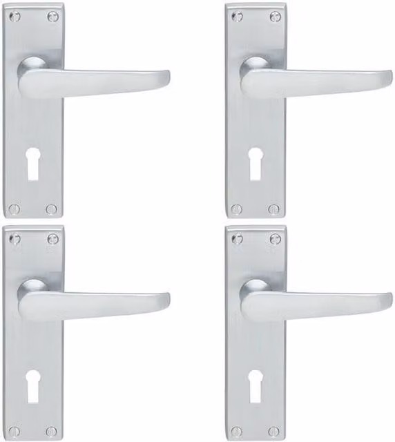 Loops 4 Pair Victorian Flat Lever on Lock Backplate Handles in Satin Chrome, 150 x 42 mm