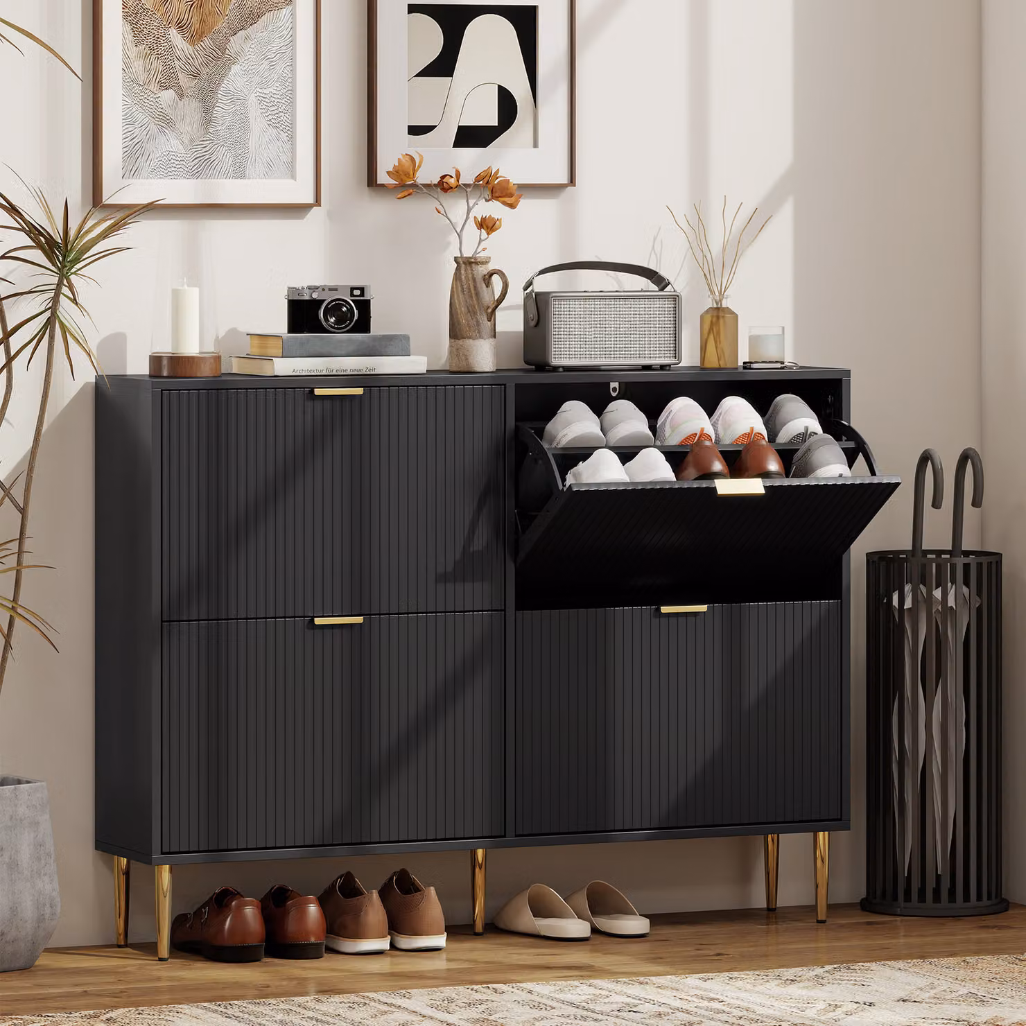 HOMCOM Narrow Modern Black Shoe Cabinet with 4 Gold Tilting Compartments and Internal Shelves, H 105.0 x W 91.5 x D 24.0 cm – 2