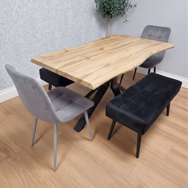 Kosy Koala Modern Rectangular Dining Set with Wood Table, 2 Grey Velvet Chairs and Black Padded Bench