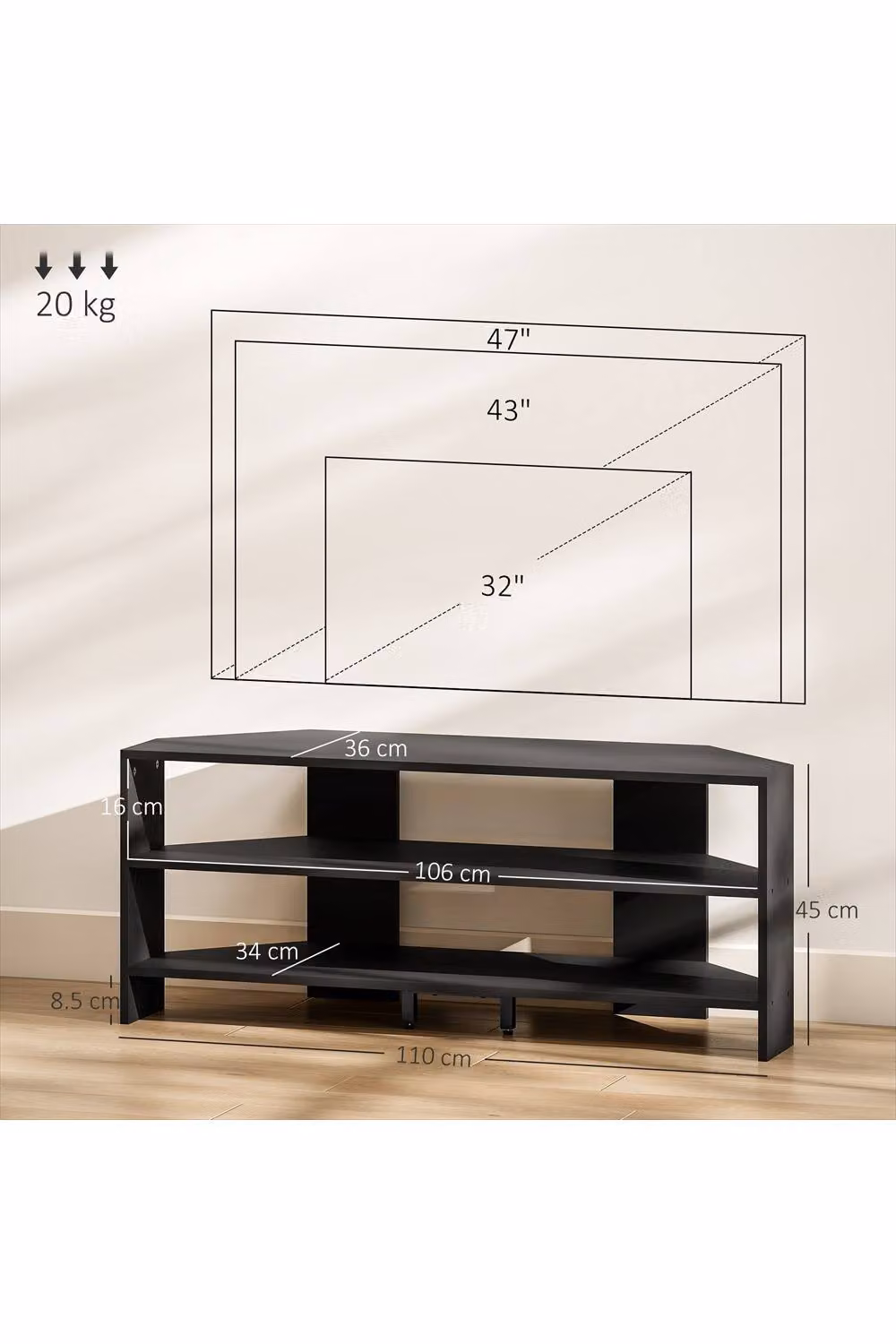 ERGOVEXA Modern Black Wood Corner TV Stand with 2 Open Shelves, W/D/H: 110 x 36 x 45 cm – 1