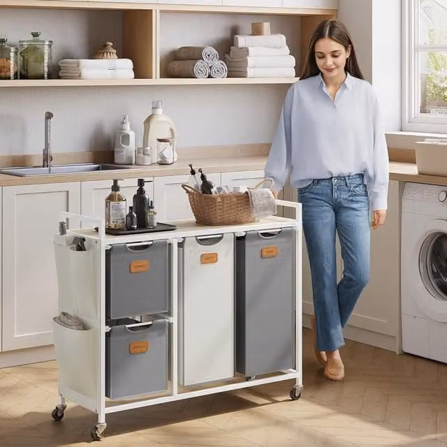 The Bazaarist 4 Compartment Rolling Laundry Cart with Removable Bags and Handles in Natural Beige, Dove Grey and Cream White