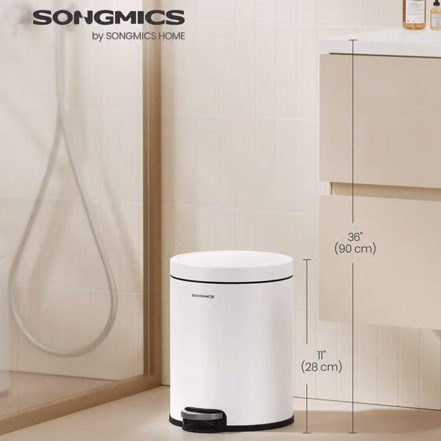SONGMICS 6L White Bathroom Pedal Bin with Soft-Close Lid and Removable Inner Bucket