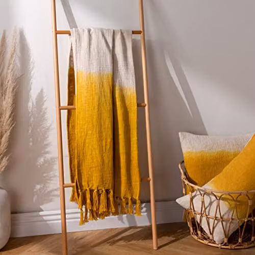 Riva Home Mizu Dip Dye Fringed Cotton Throw, Yellow, W/D/H: 130 x 170 x 1 cm – 2