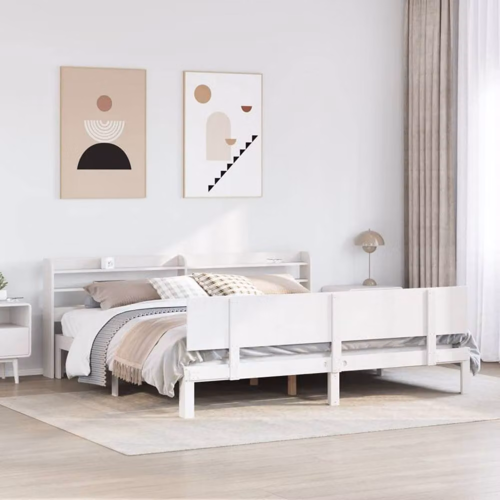 Berkfield Home Beautiful Bed Frame with Headboard in White, Solid Pine Wood, W/D/H: 200 x 200 x 82 cm – 1