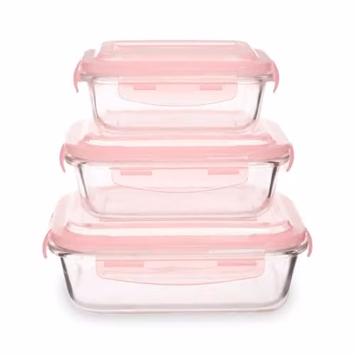 Premier Housewares Set of 3 Airtight Borosilicate Glass Food Storage Containers with Pink Lids, W/D/H: 16 x 8 x 21 cm – 1