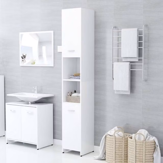Berkfield Home Modern White Bathroom Cabinet with Hinged Doors and Open Shelf, W/D/H: 30 x 30 x 183.5 cm