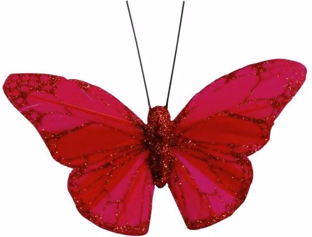 KDMD 12 Pack Red Feather and Glitter Butterfly Decorations, 8 cm