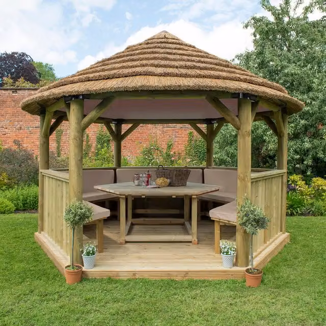 Forest Hexagonal Garden Gazebo with Rustic Reed Thatch and Pine Wood Frame in Cream