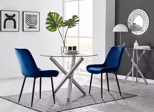 FurnitureboxUK Selina Round Glass Dining Table with Chrome Leg and 2 Pesaro Navy Blue Upholstered Chairs with Black Legs – 1