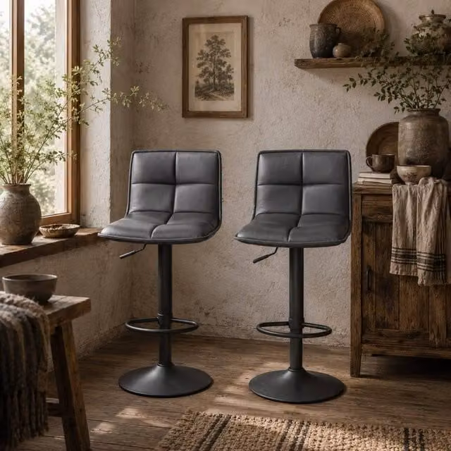 Wyld Haus Miha Set of 2 Adjustable Grey Faux Leather Bar Stools with 360 Degree Swivel