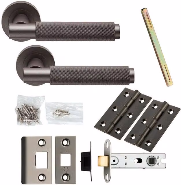 Loops Matt Bronze Knurled Round Bar Door Handle and Latch Pack with Screwless Round Rose