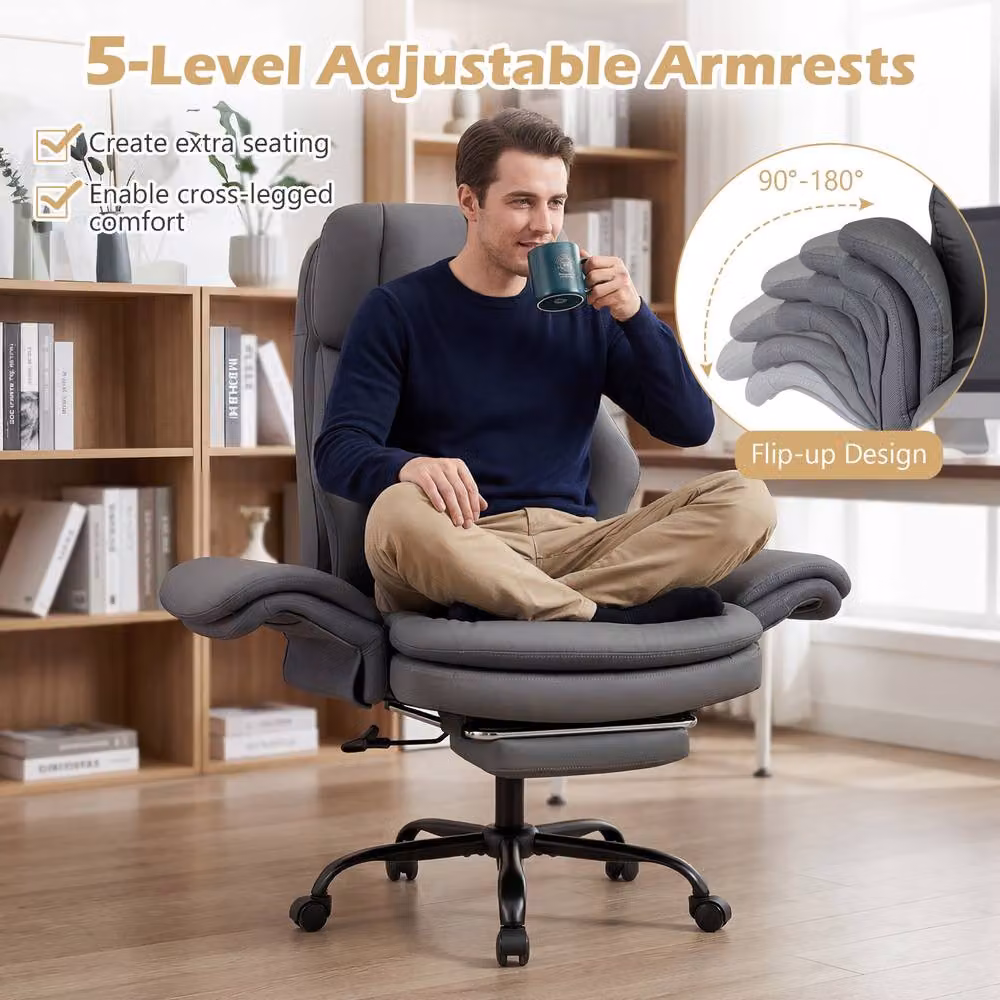 Gymax Grey Leather Executive Office Chair with Headrest and Armrests – 7