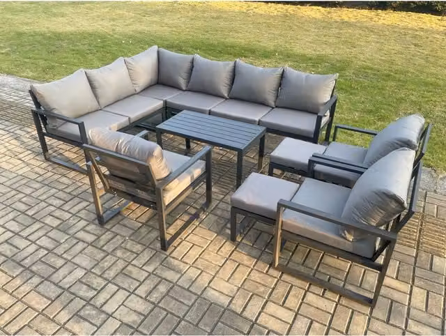 Fimous Modern L-Shape Aluminium Garden Set in Dark Grey with Corner Sofa, 3 Chairs, Coffee Table and 2 Ottomans