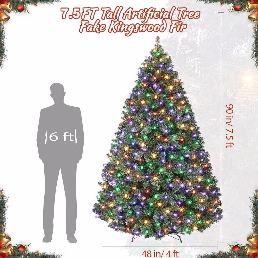 London Boutique 7.5ft Artificial Christmas Tree with 1450 Branches and LED Lights in Green – 3