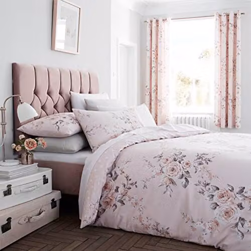 Catherine Lansfield Canterbury Floral Lined Eyelet Curtains, Pink, W: 167.64 cm, H: 182.88 cm – 2