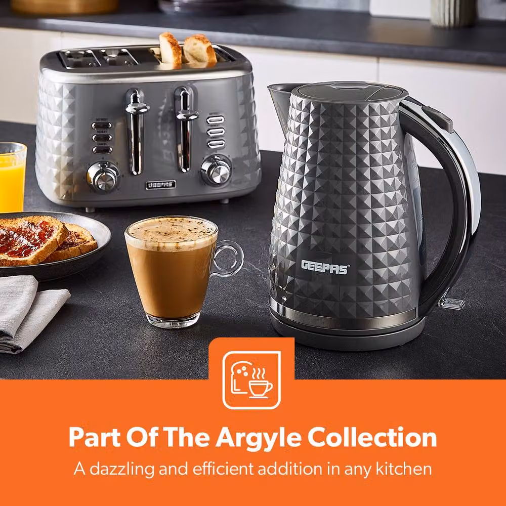 Geepas Argyle Grey Kitchen Set including 1.7L Kettle, 4 Slice Toaster and Microwave – 2