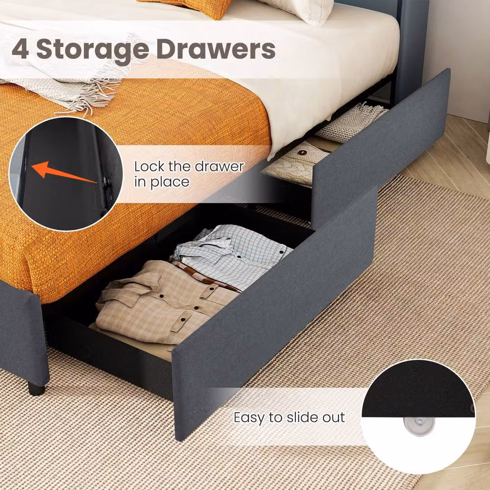 Gymax Upholstered King Size Bed Frame in Grey with LED Lights, USB Charging Port and Storage Drawers, W/D/H: 180 x 200 x 193 cm – 8