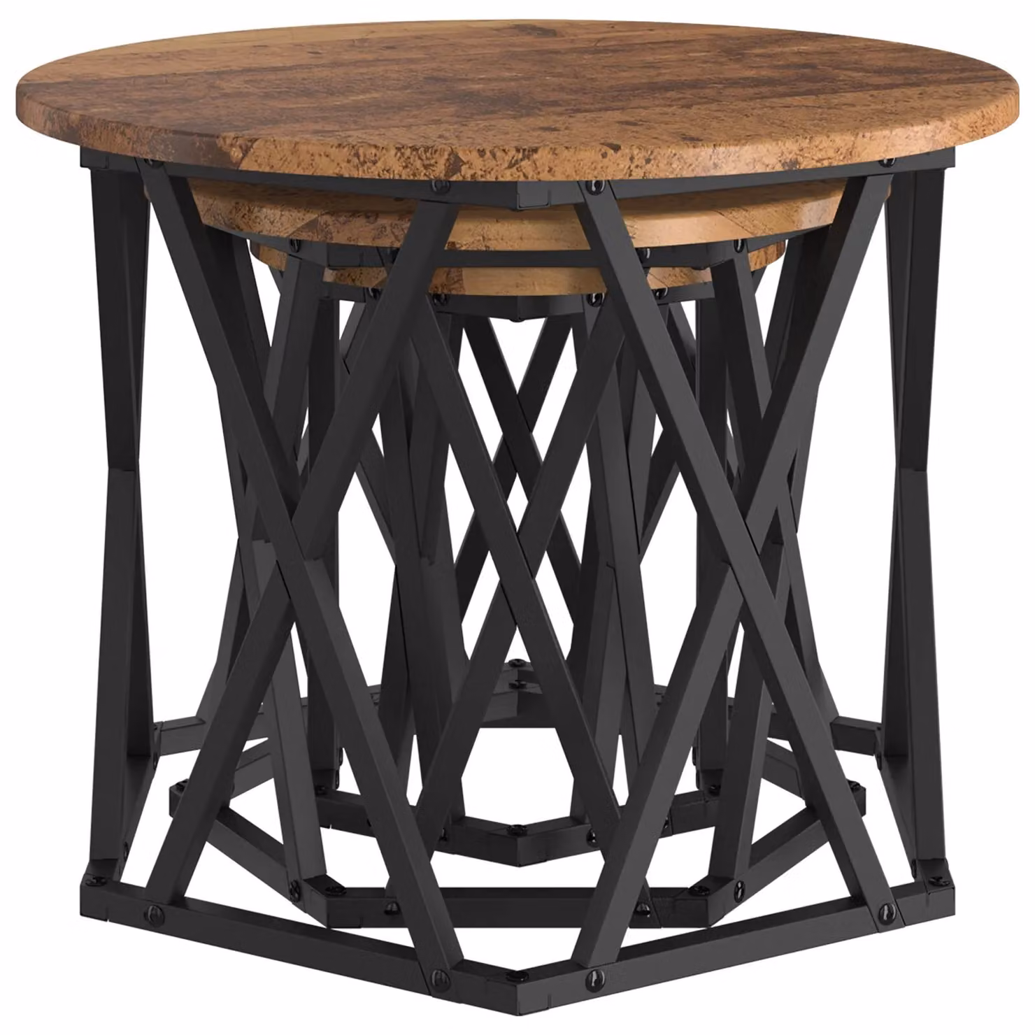 Berkfield Home Set of 3 Round Nesting Side Tables in Brown Rustic Wood and Metal – 3