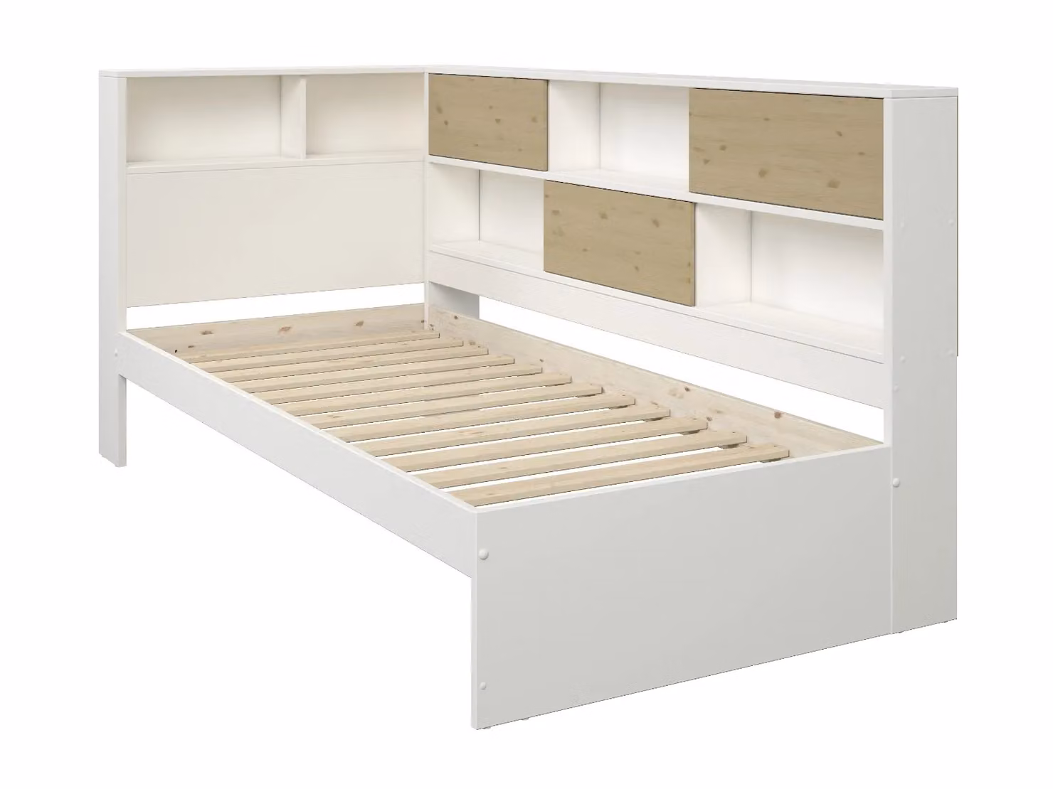 Noomi Jorgi Corner Storage Bed in White and Oak, W/D/H: 90 x 200 cm – 2