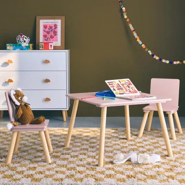 Sweekeek Square Table and 2 Chairs Set in Pink with Pine Legs, W/D/H: 60 x 60 x 43 cm
