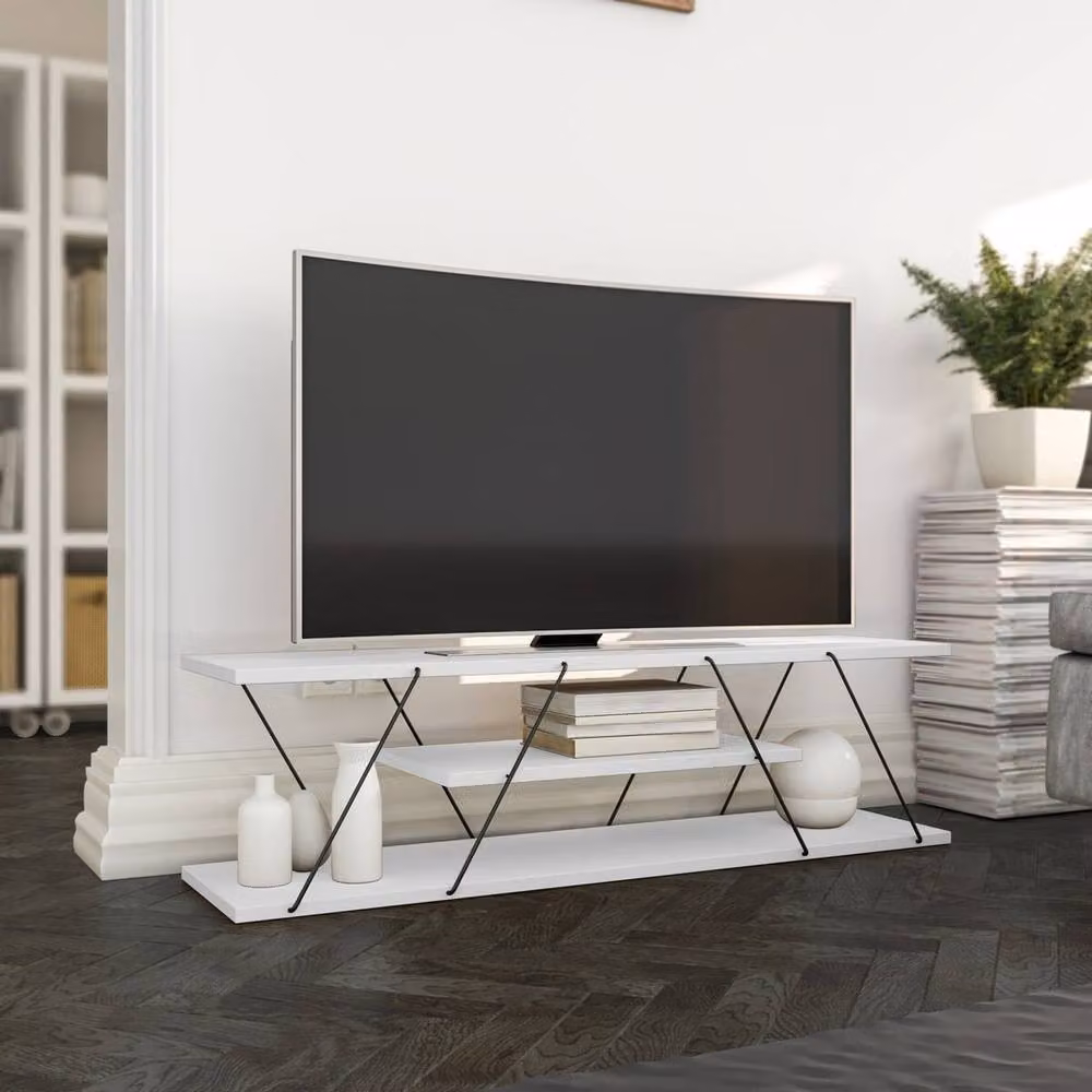 CANAZ CALICOSY White Modern TV Stand with Multi-Level Shelves and Metal Frame, W: 120 cm, D: 30 cm, H: 33 cm – 2