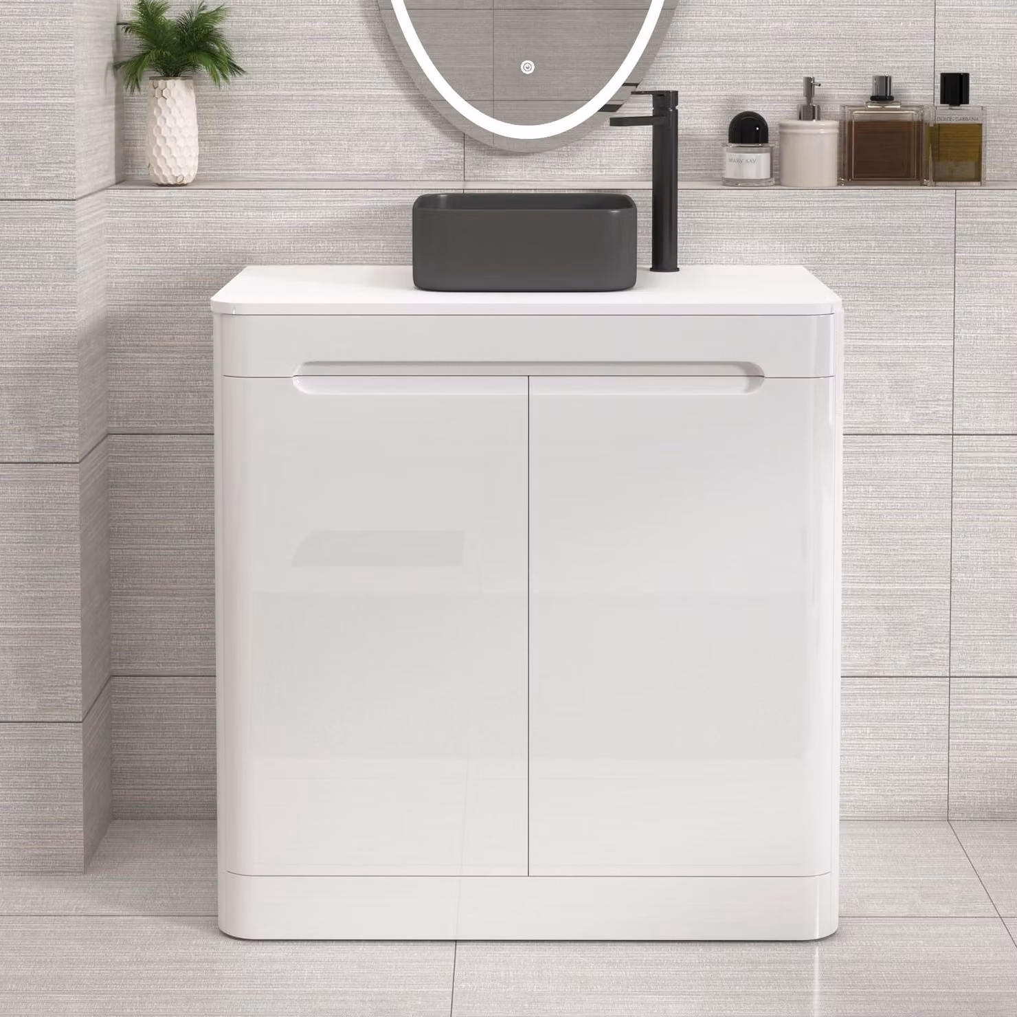 Royal Bathrooms Venice 800mm Gloss White Floor Standing 2 Door Vanity Unit with Plain White Worktop and Art Square Basin