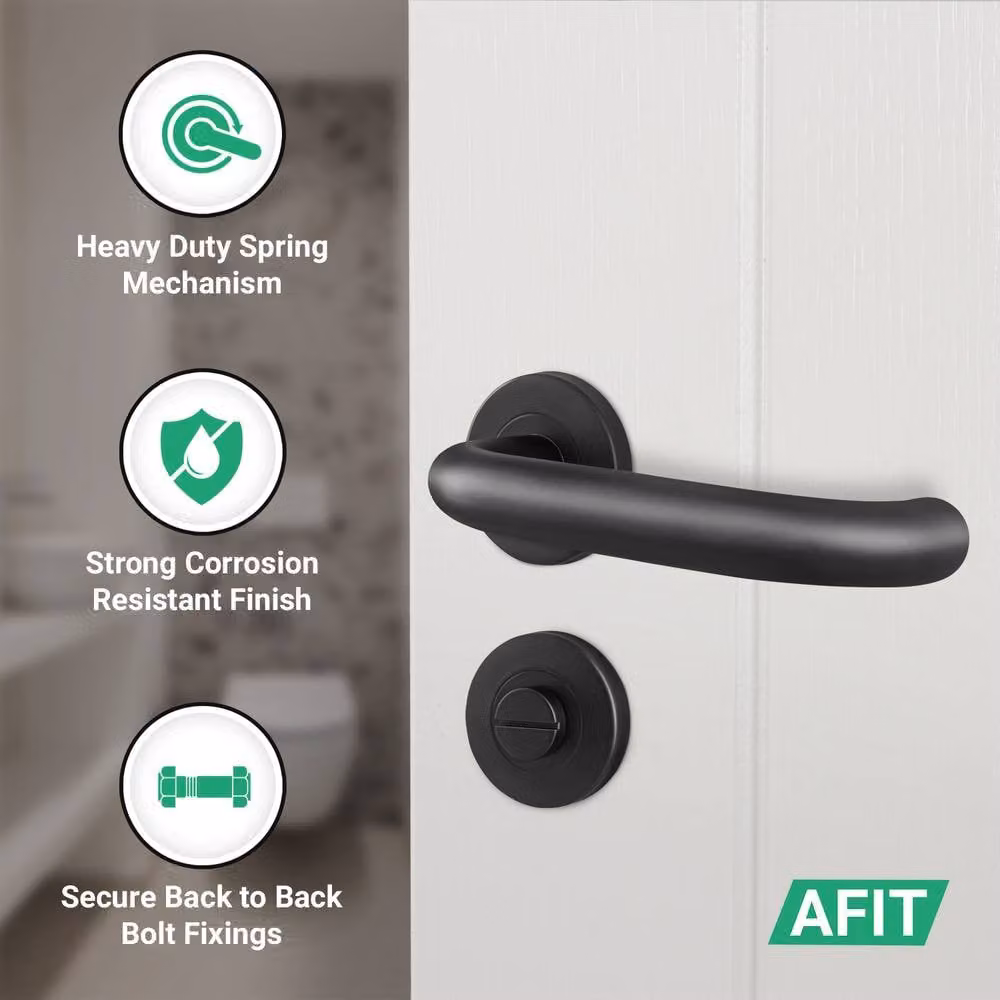 AFIT Matt Black Stainless Steel Return to Door Handles with Bath Lock and 64mm Hinges, W/D/H: 15 x 15 x 1.5 cm – 3