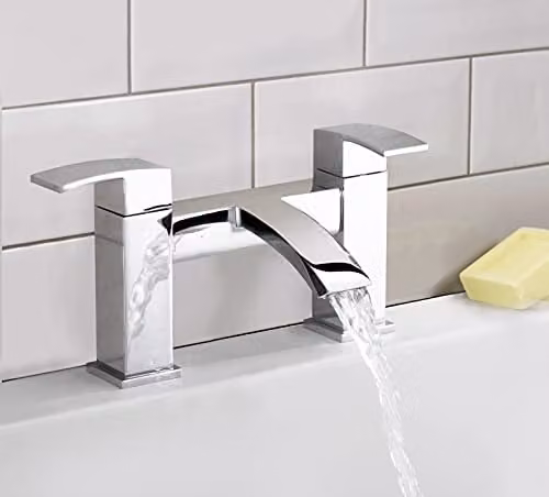 Nes Home Chrome Square Bridge Deck Mounted Waterfall Bath Filler Tap in Metallic Silver