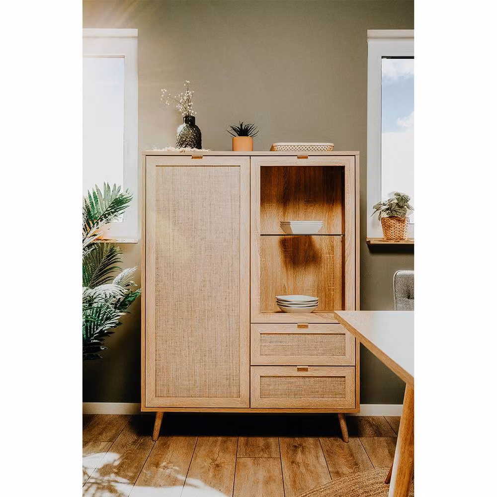 CALICOSY Bali 2-Door 2-Drawer Sideboard with Rattan Print in Light Brown, Height: 139 cm – 2