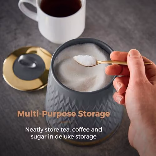 Tower Empire Set of 3 Geometric Ceramic Airtight Storage Canisters for Tea, Coffee and Sugar, Grey, Gold and Bronze, 1.3 l – 2