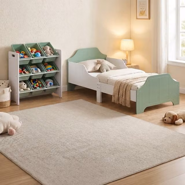 Liberty House Toys Two Tone Toddler Bed and 9 Bin Storage Unit Set in White and Green