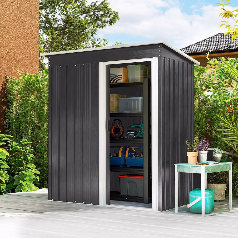 Rolipo Black Metal Garden Storage Shed with Sliding Door and Sloped Roof, W: 152.4 cm, D: 91.44 cm, H: 182.88 cm – 2