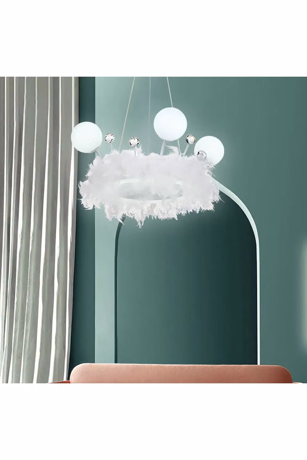 Living and Home White Feather and Crystal LED Suspended Chandelier Light – 3