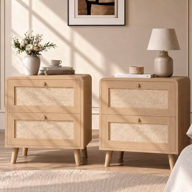 Matteo Set of 2 Natural Oak Rattan Effect Bedside Tables with 2 Drawers in Brown and Beige