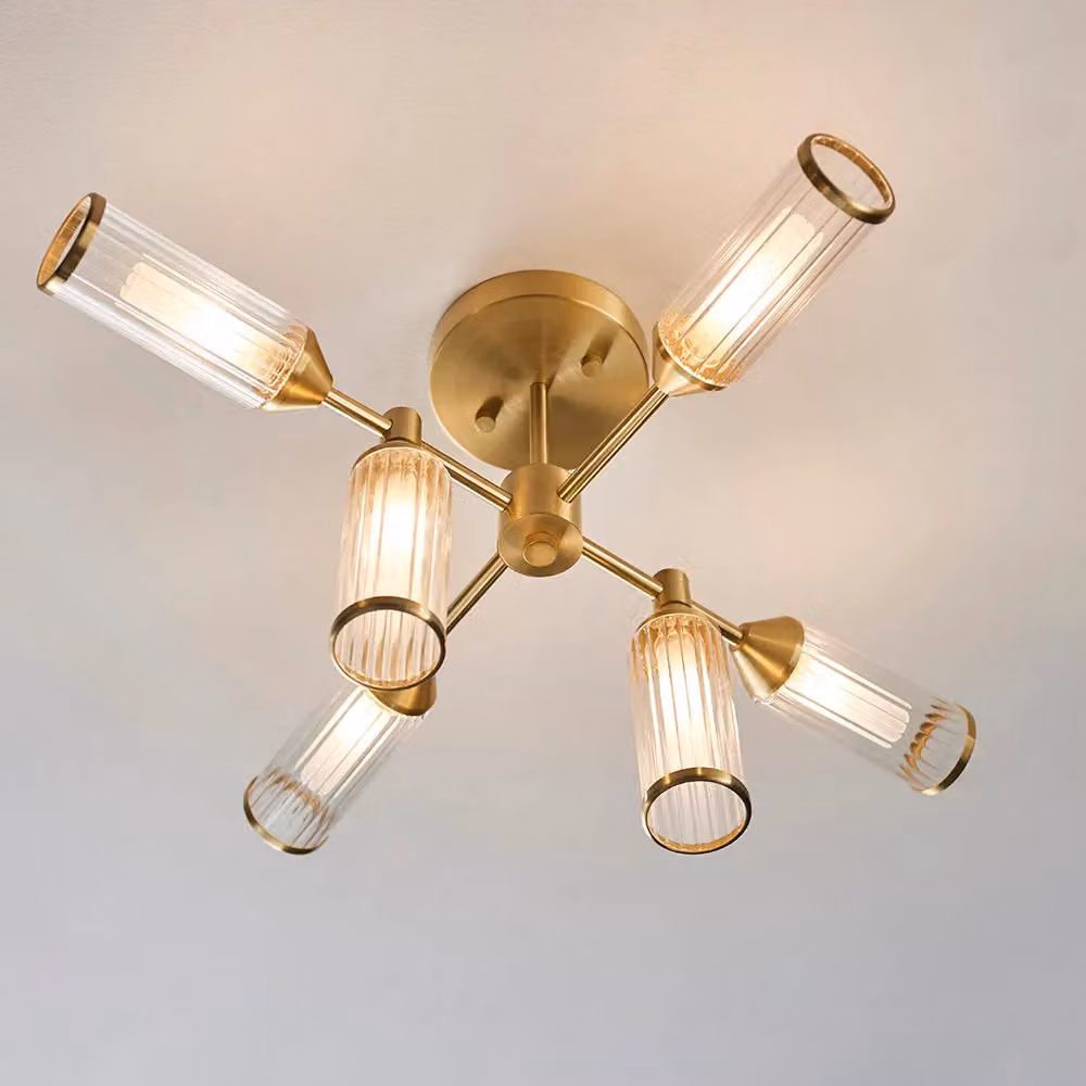 Loops Brass Semi Flush 6 Bulb Ceiling Light with Transparent Ribbed Glass Shades in Gold/Brass – 3