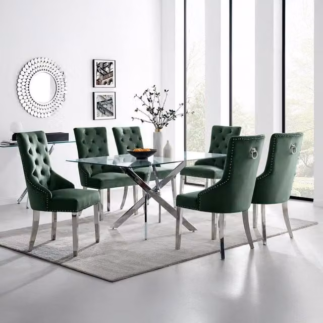FurnitureboxUK Leonardo 6-Seater Rectangular Glass Dining Table and 6 Belgravia Chairs in Green
