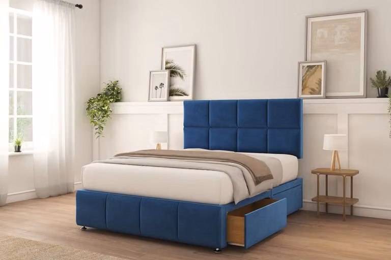 Sloomy Brington Plush Divan Bed Set with 2 Drawers and 26 inch Strutted Headboard in Navy Blue, Small Double, W/D/H: 120 x 200 cm