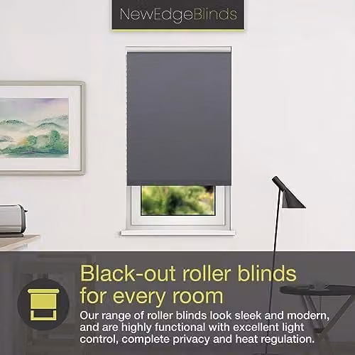 New Edge Blinds Thermal Blackout Roller Blind in Blue, Width: 90 cm, Height: 165 cm