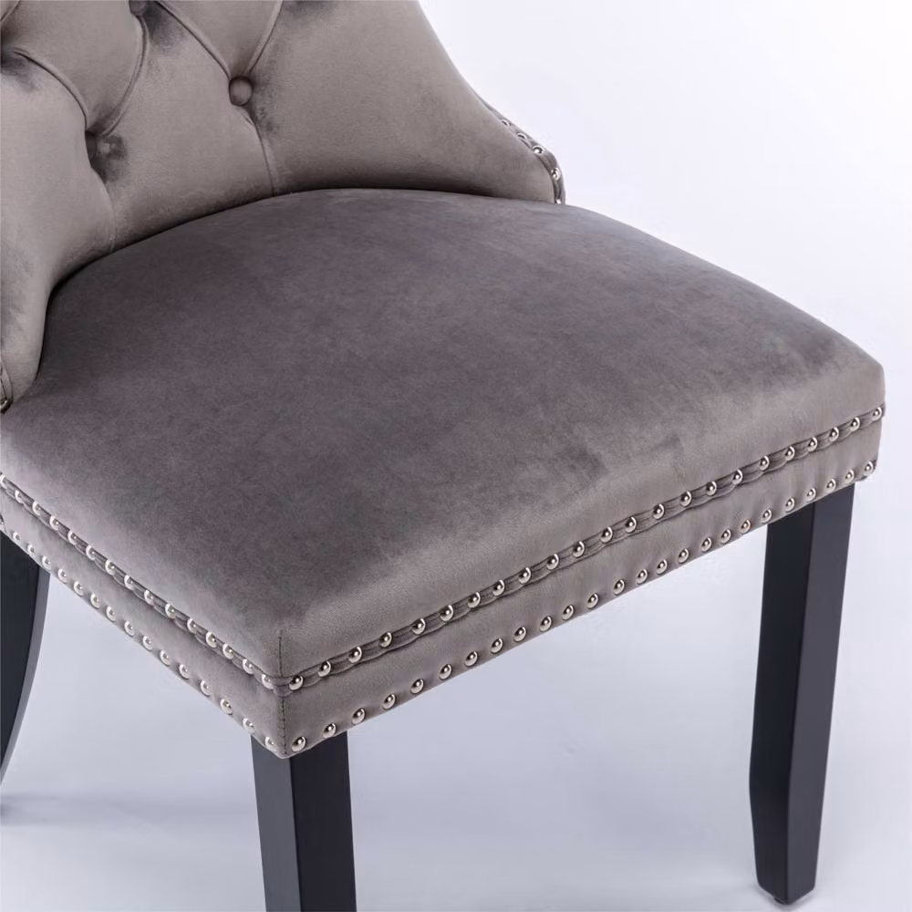 Modern Home Touch Romsey Set of 4 Grey Velvet Upholstered Dining Chairs with Oak Legs and Knocker Ring Back – 4