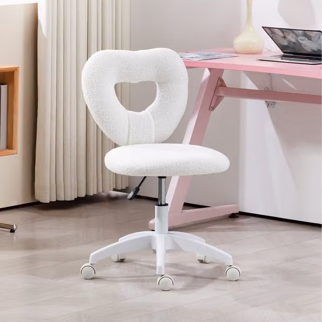 HOMCOM White Teddy Fleece Heart Swivel Task Chair for Home Office