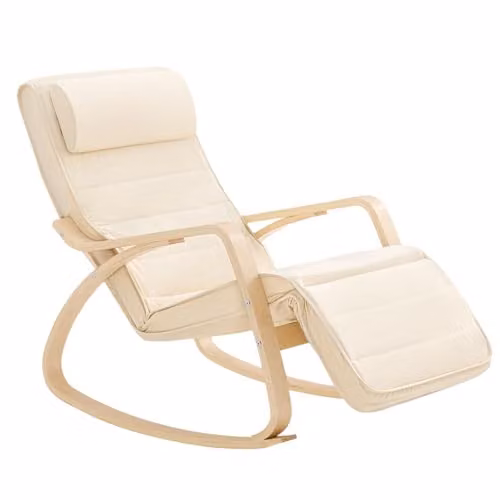 SoBuy Modern Relaxing Rocking Chair with Adjustable Headrest and Footrest in Beige and White – 2